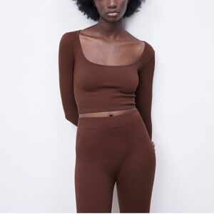 Zara Seamless Ribbed Cropped Long Sleeve - Brown